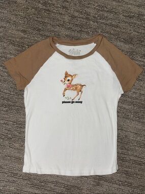 OG BABE White Cotton Tee with Brown Raglan Sleeves and Deer Graphic